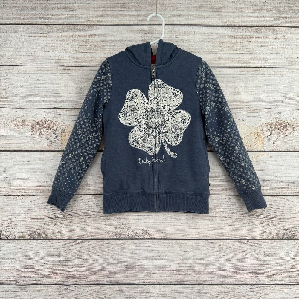 Lucky Brand Floral Embroidered Full Zip Hoodie Sweatshirt Youth Girls S 7/8 Blue